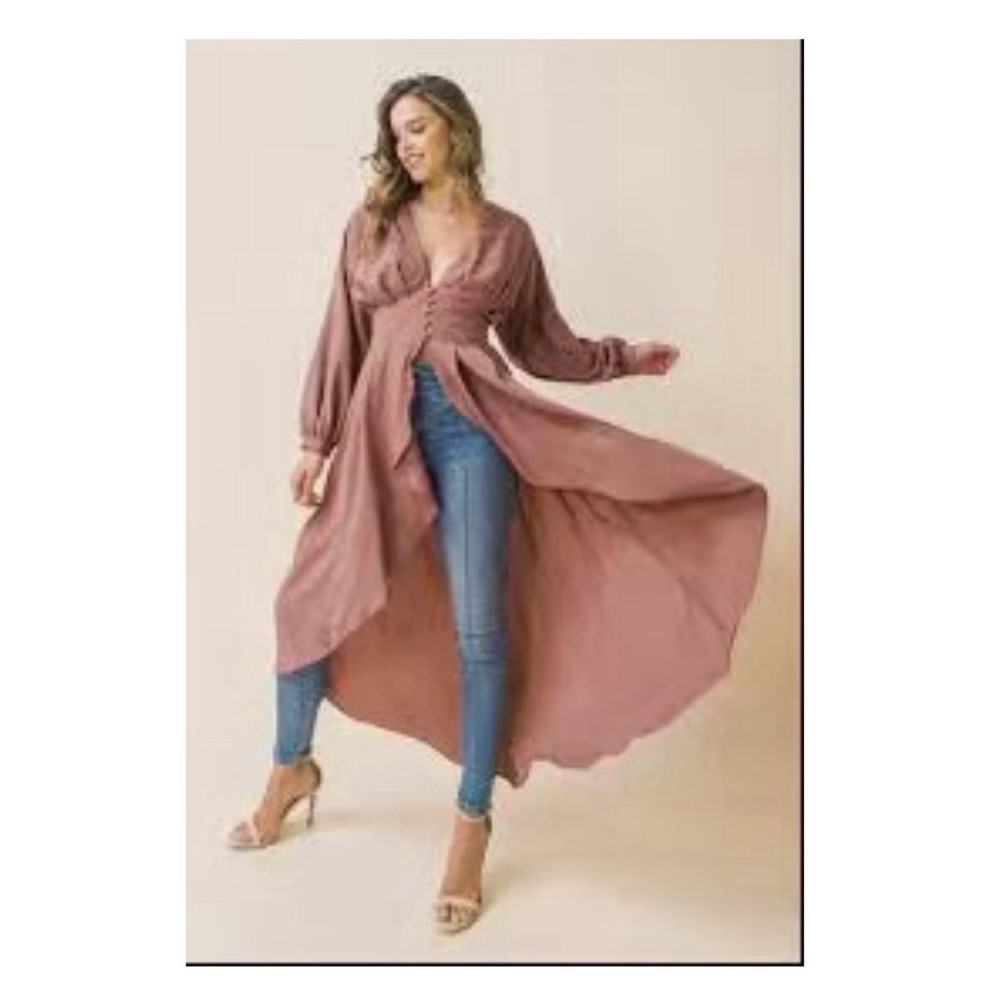 Flying Tomato Solid Button-Down Maxi Duster Cardigan, Mauve/Dusty Rose, Sz Med